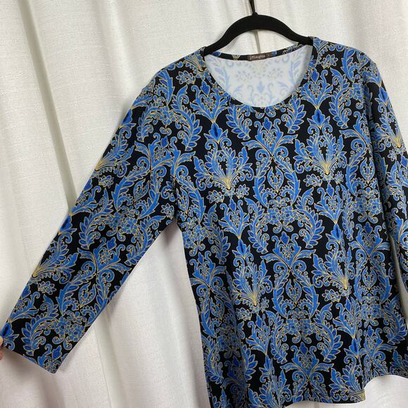 J.McLaughlin Black&Blue Leaf Print Catalina Cloth 3/4 Sleeve Blouse Sz.L - Picture 6 of 12